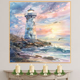Rustic Lighthouse on Rocky Shore at Sunset with Crashing Waves and Seagulls in Serene Watercolor Coastal Landscape on Ready to Hang 1.5" Thick Canvas Wrap, Floating Framed Canvas, Flat Rolled Canvas